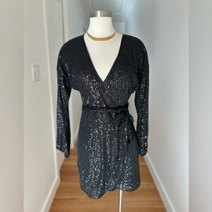 Forever 21 Black Sequin Faux Wrap Dress, Size M